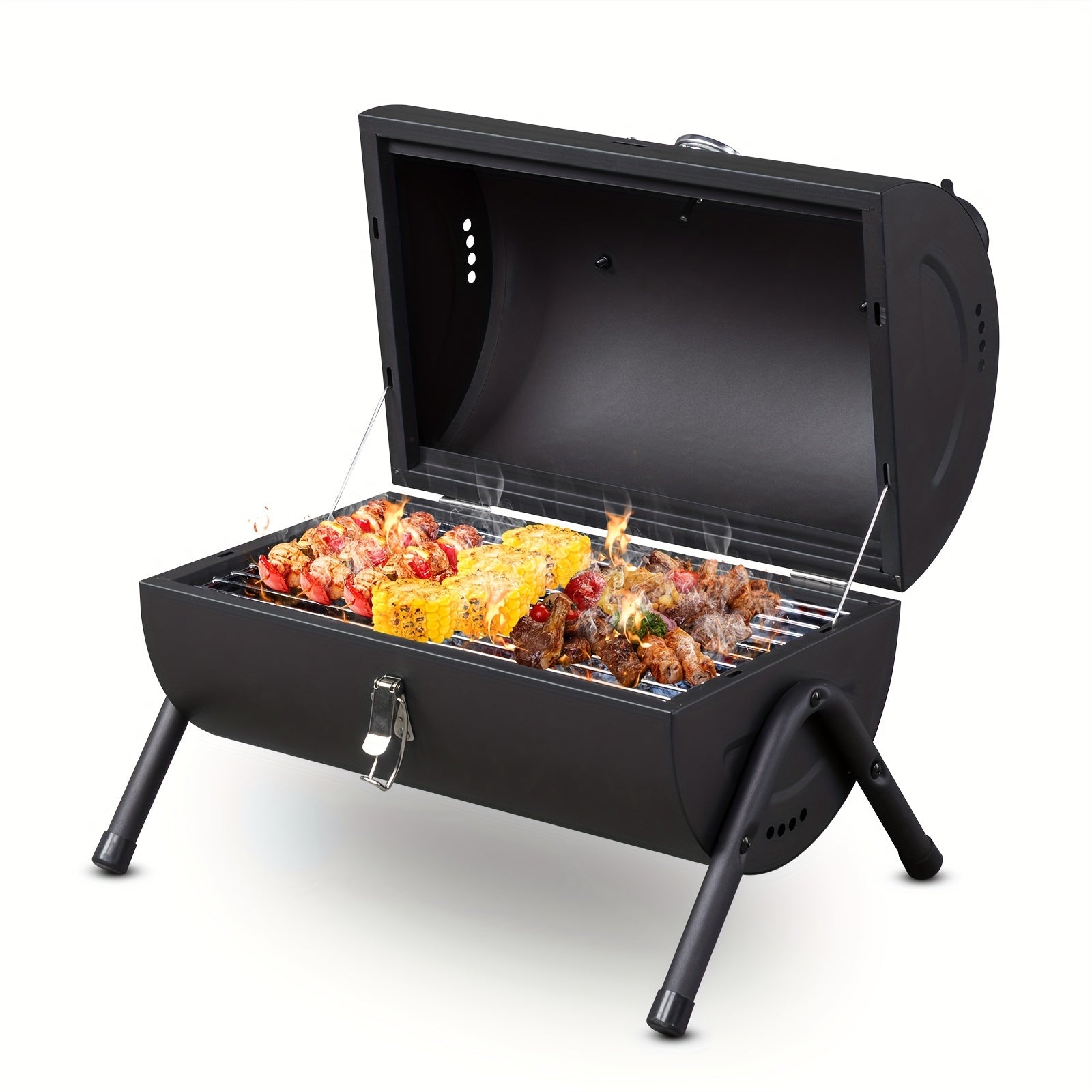 Outdoor Portable Carbon Grill, Portable Cylindrical Windproof Camping Barbecue Grill, Large Size 16.54x11.81x14.17inch, Black Golden Color, Thick Stainless Steel Self Driving Courtyard Barbecue Grill, Fast Charcoal Burning, Easy To Clean